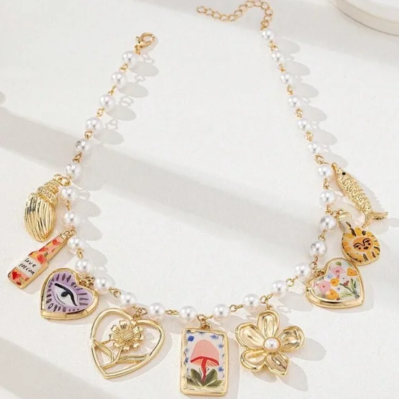 NEW - Fantasy Gold and Pearl Charm‎ Necklace - Picture 2 of 7